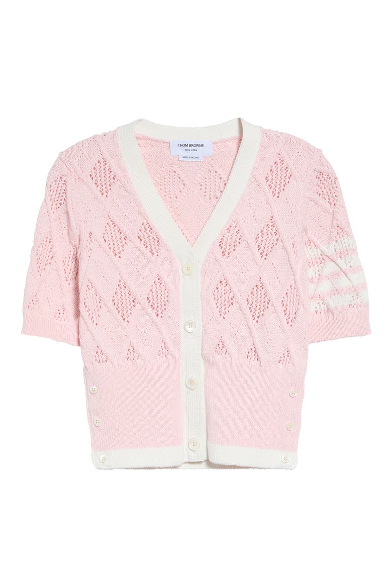 4-Bar Argyle Pointelle Stitch Short Sleeve Cardigan, Alternate, color, LIGHT PINK