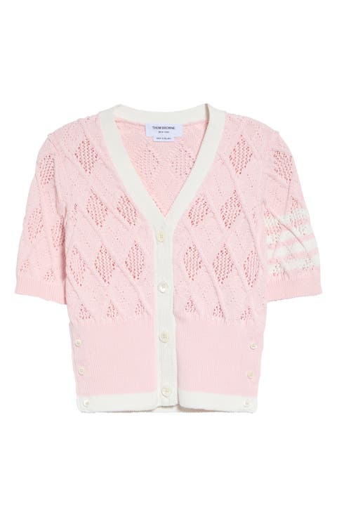 4-Bar Argyle Pointelle Stitch Short Sleeve Cardigan