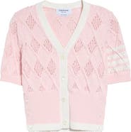 Thom Browne 4-Bar Argyle Pointelle Stitch Short Sleeve Cardigan