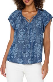 Liverpool Los Angeles Batik Print Flutter Sleeve Top