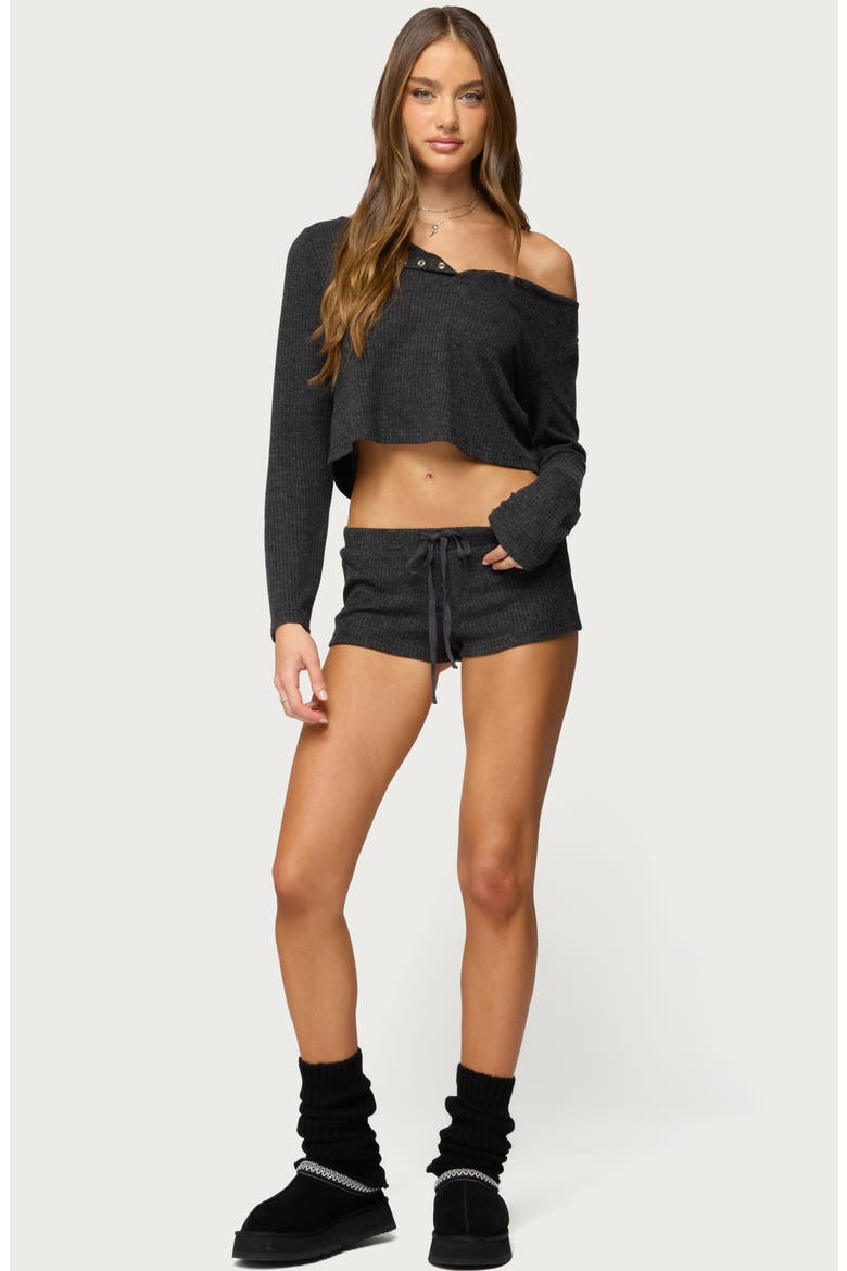 Teddy Waffle Knit Drawstring Shorts, Alternate, color, BLACK