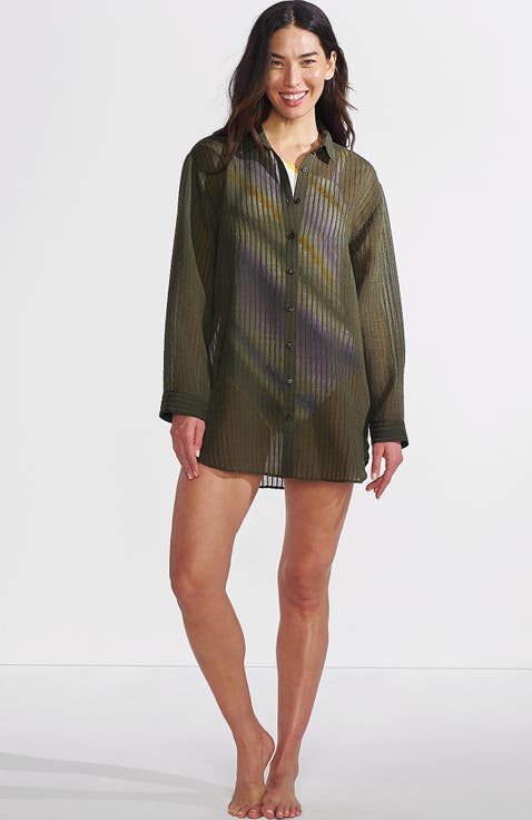Cotton Gauze Button Down Swim Cover-up Shirt Dress