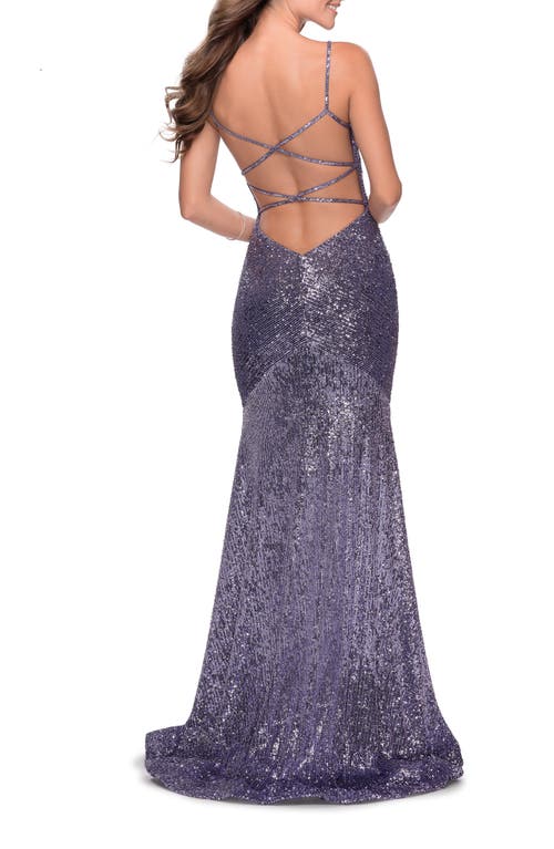La Femme Sequin Prom Gown With Drop Waist And V-neckline In Blue