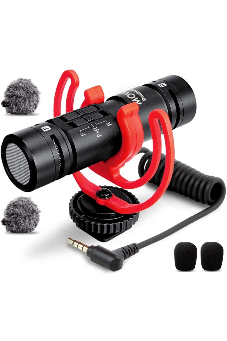 DoubleMic V2 Two-Sided Shotgun Mic for Camera Vlogging - Dual Capsule External Microphone for iPhone, Android, Smartphones and DSLR Camcorders, Main, color, Black