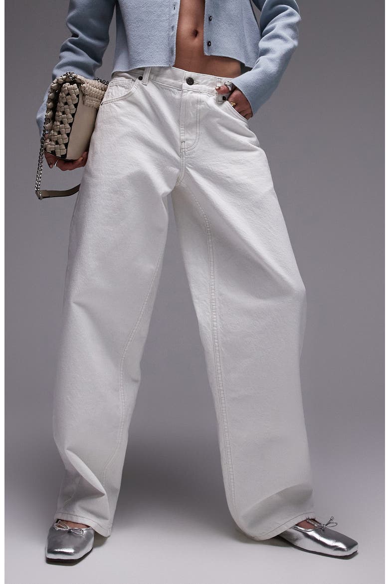 Cinch Back Low Rise Wide Leg Jeans, Main, color, WHITE