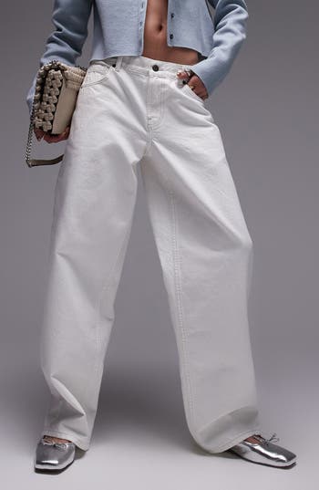 Topshop Cinch Back Low Rise Wide Leg Jeans In White