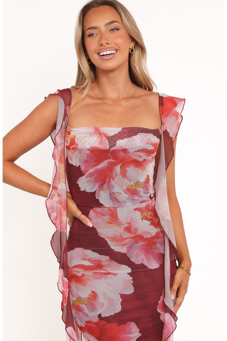 Chiara Floral Flutter Ruffle Maxi Dress, Alternate, color, BURGUNDY PEONY