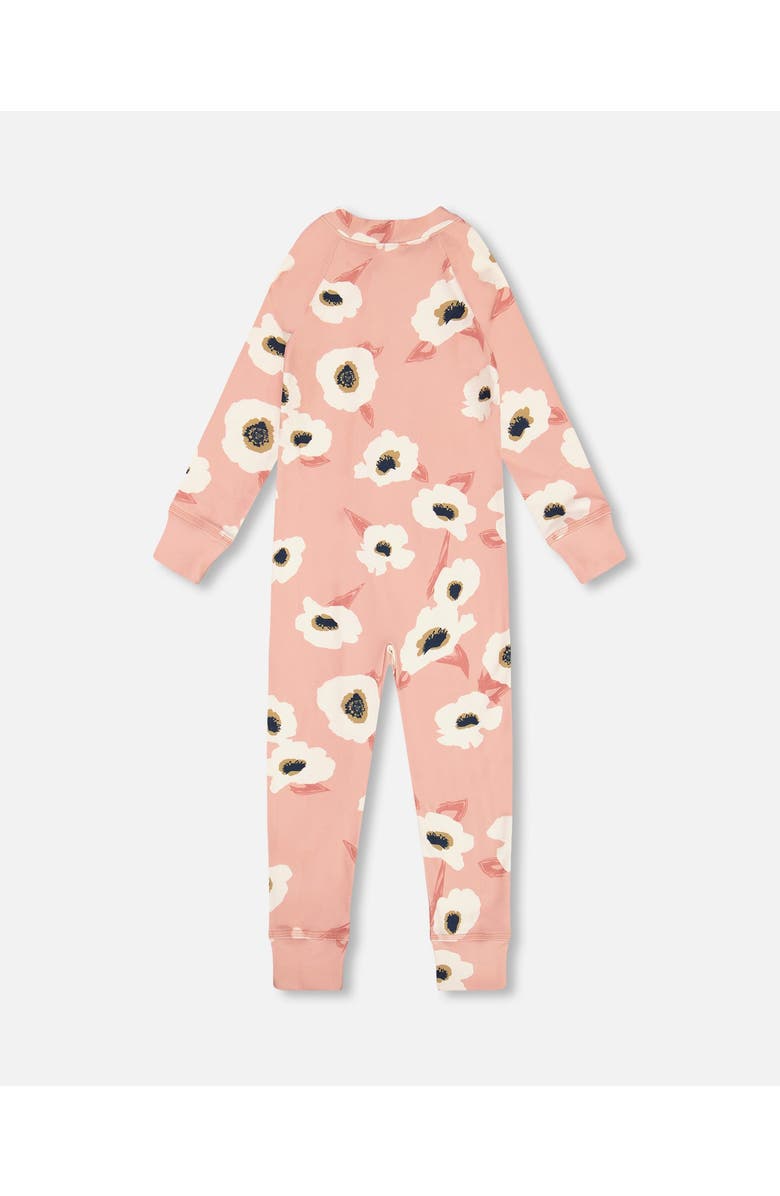 Deux par Deux Little Girl's One Piece Thermal Underwear Pink Printed Off White Flowers, Alternate, color, 