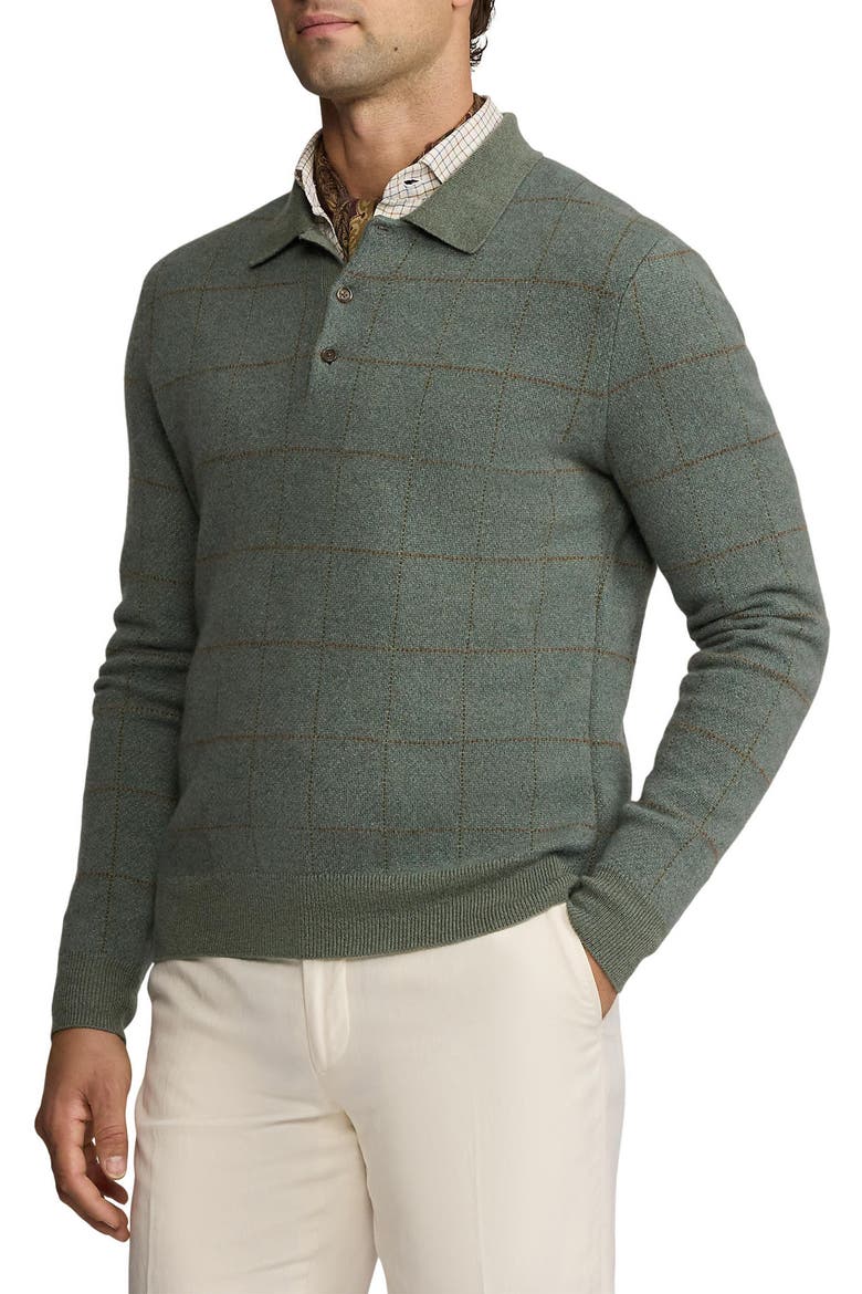 Windowpane Plaid Cashmere & Wool Polo Sweater, Alternate, color, SEA SPRAY MELANGE