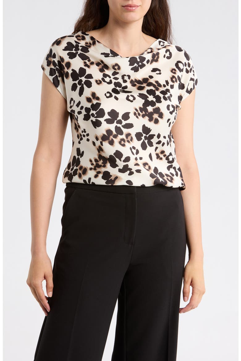 Floral Cowl Neck Cap Sleeve Satin Top, Main, color, BEIGE