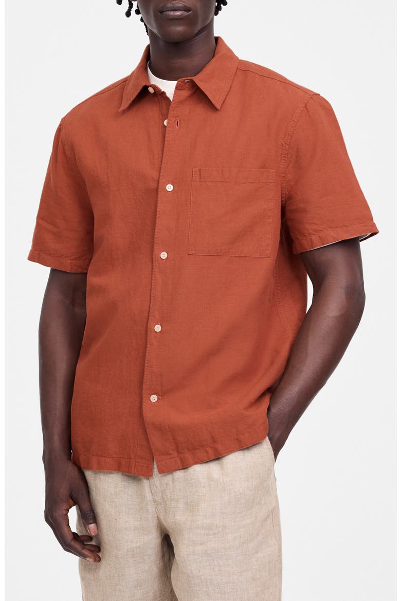 Short Sleeve Linen & Cotton Button-Up Shirt, Main, color, TERRACOTTA