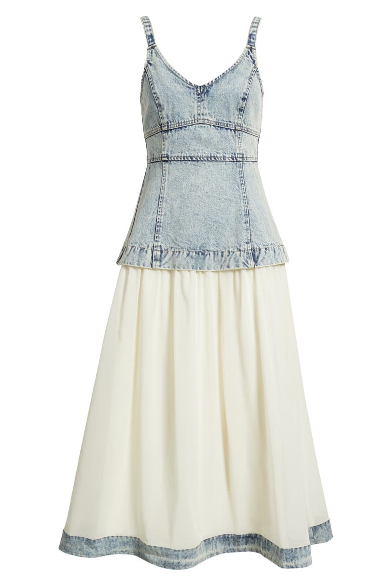 moon river denim midi dress Pleated Belted Cotton Blend Denim Midi Dress (Women)