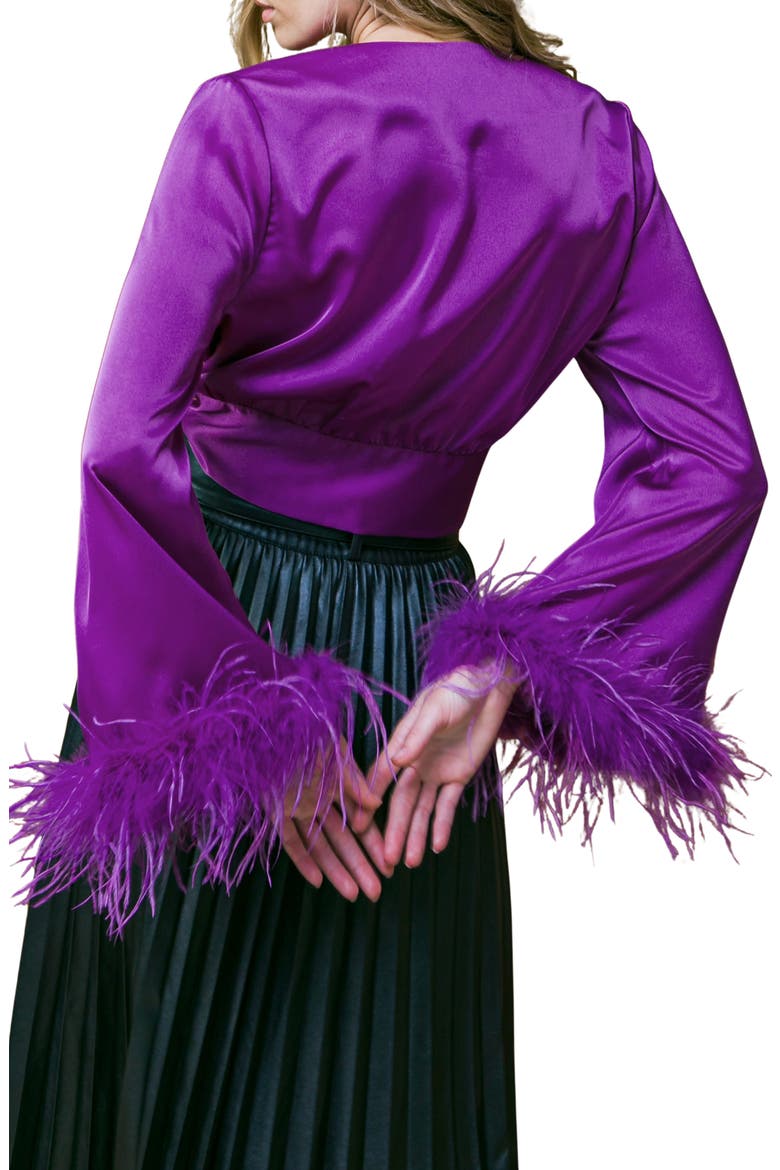 Satin Tie Front Top with Faux Fur Cuffs, Alternate, color, PURPLE