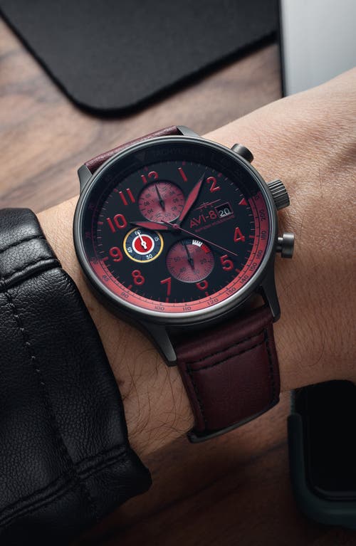 Avi-8 Men's Hawker Hurricane Classic Chronograph Red Leather Strap Watch, 43.5mm In Metallic