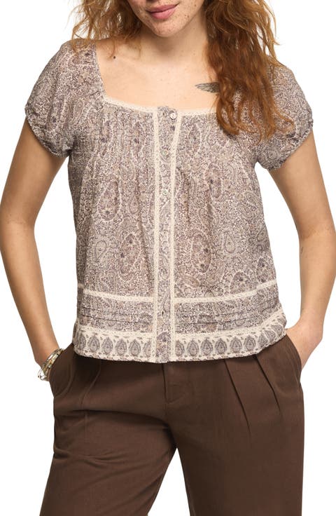 Paisley Print Lace Trim Cap Sleeve Peasant Top