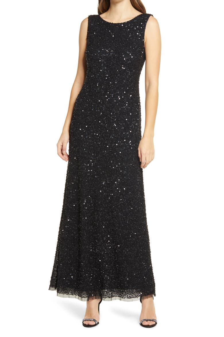 Sequin Mesh A-Line Gown, Main, color, BLACK