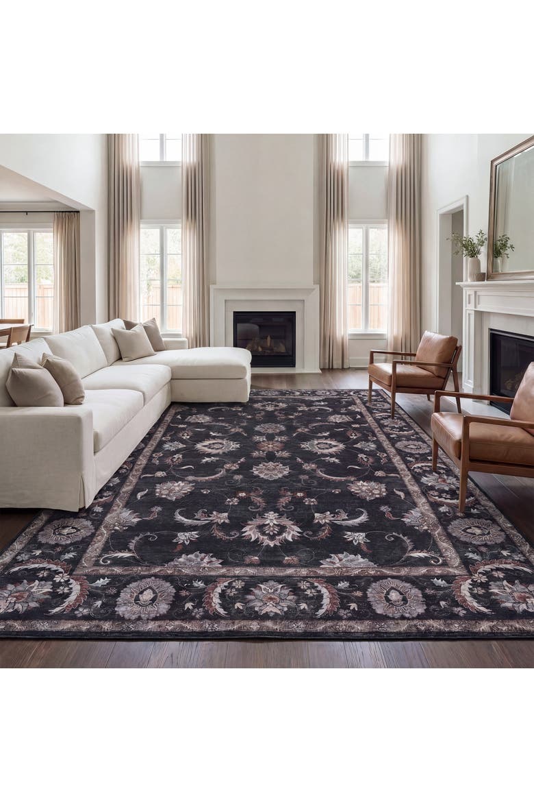 Arabella Vintage Floral Border Non-Slip Machine-Washable Dark Gray/Multi 4 ft. x 6 ft. Area Rug, Alternate, color, Dark Gray/Multi