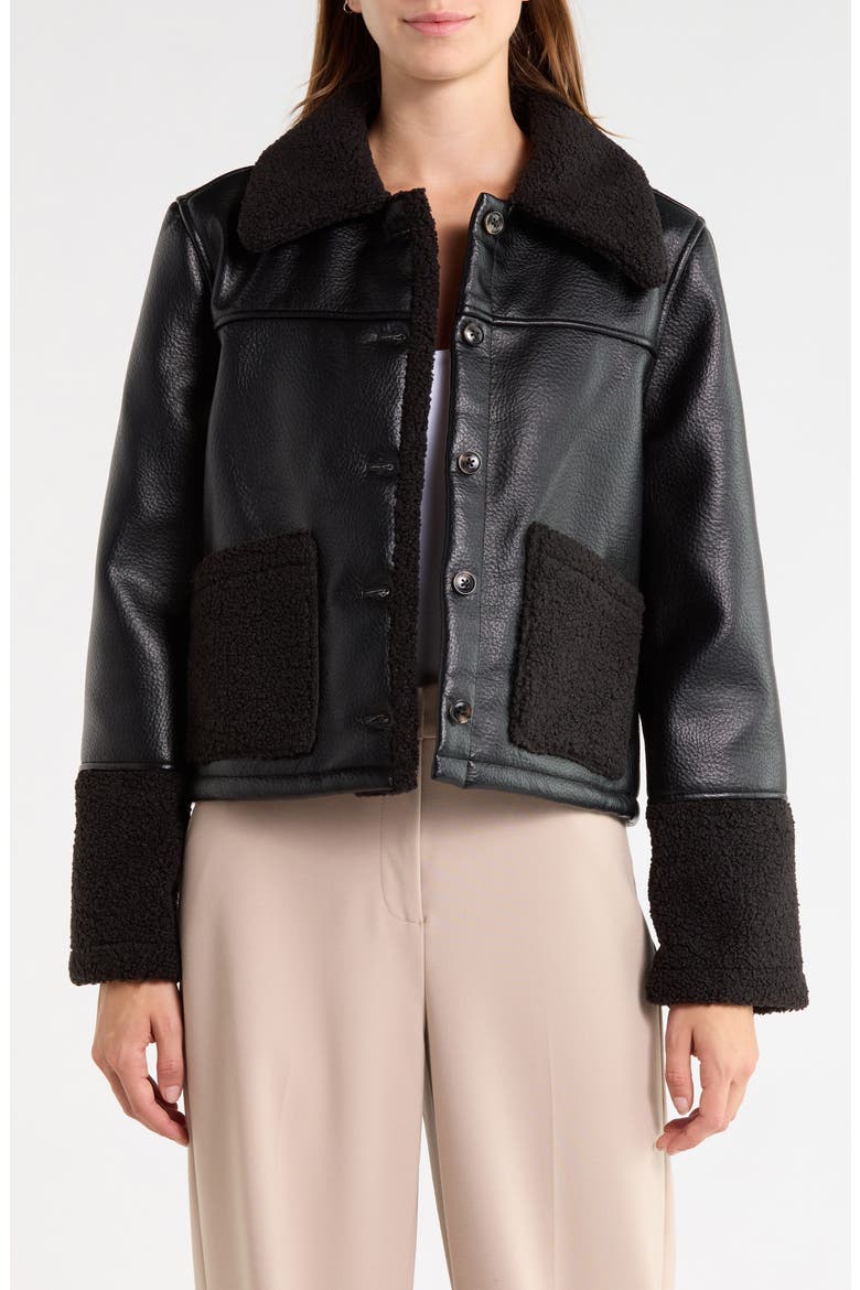 Faux Leather Jacket with Faux Fur Trim, Main, color, BLACK