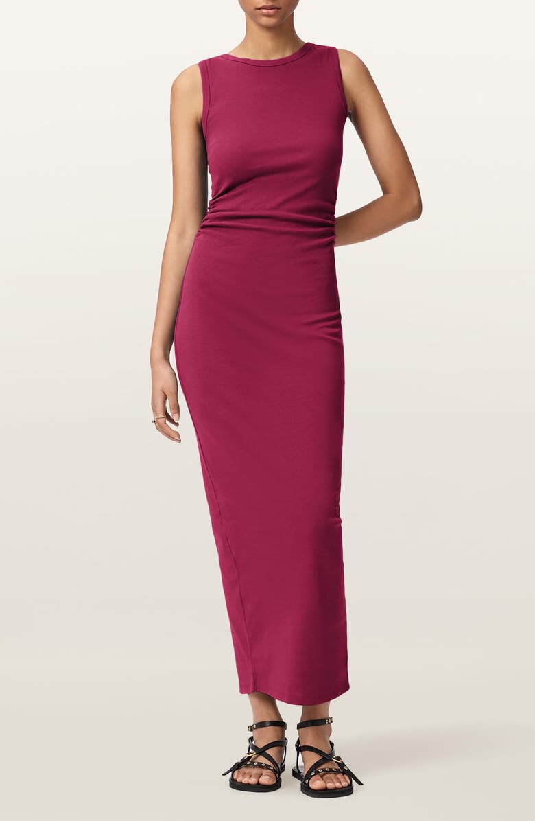 AllSaints Katarina Ruched Side Maxi Dress, Main, color, Raspberry