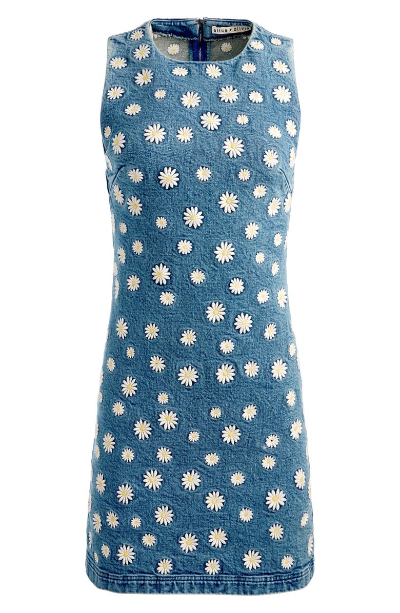 Alice + Olivia Wynell Daisy Embroidery Denim Minidress, Alternate, color, Medium Wash