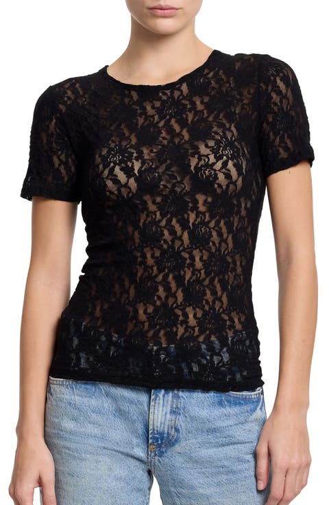 トップス ACLENT Compact hood lace tops Buy Black Short Sleeve Lace V-Neck Bubblehem 100% Cotton Top