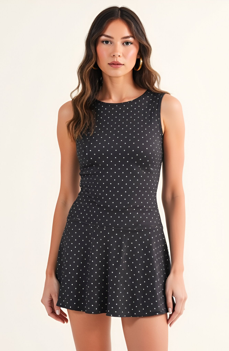 Modenaire Sleeveless Polka Dot Knit Dress with Drop Waist, Main, color, 
