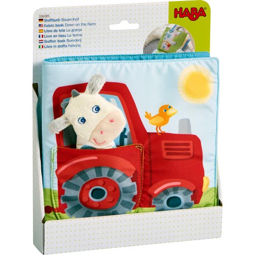 Haba Fabric Book Down On The Farm With Removable Finger Puppet In Red Multi