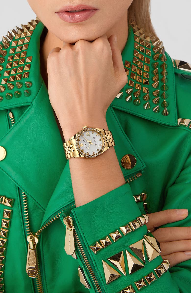 PHILIPP PLEIN Date Superlative Bracelet Watch, 34mm, Alternate, color, Ip Yellow Gold