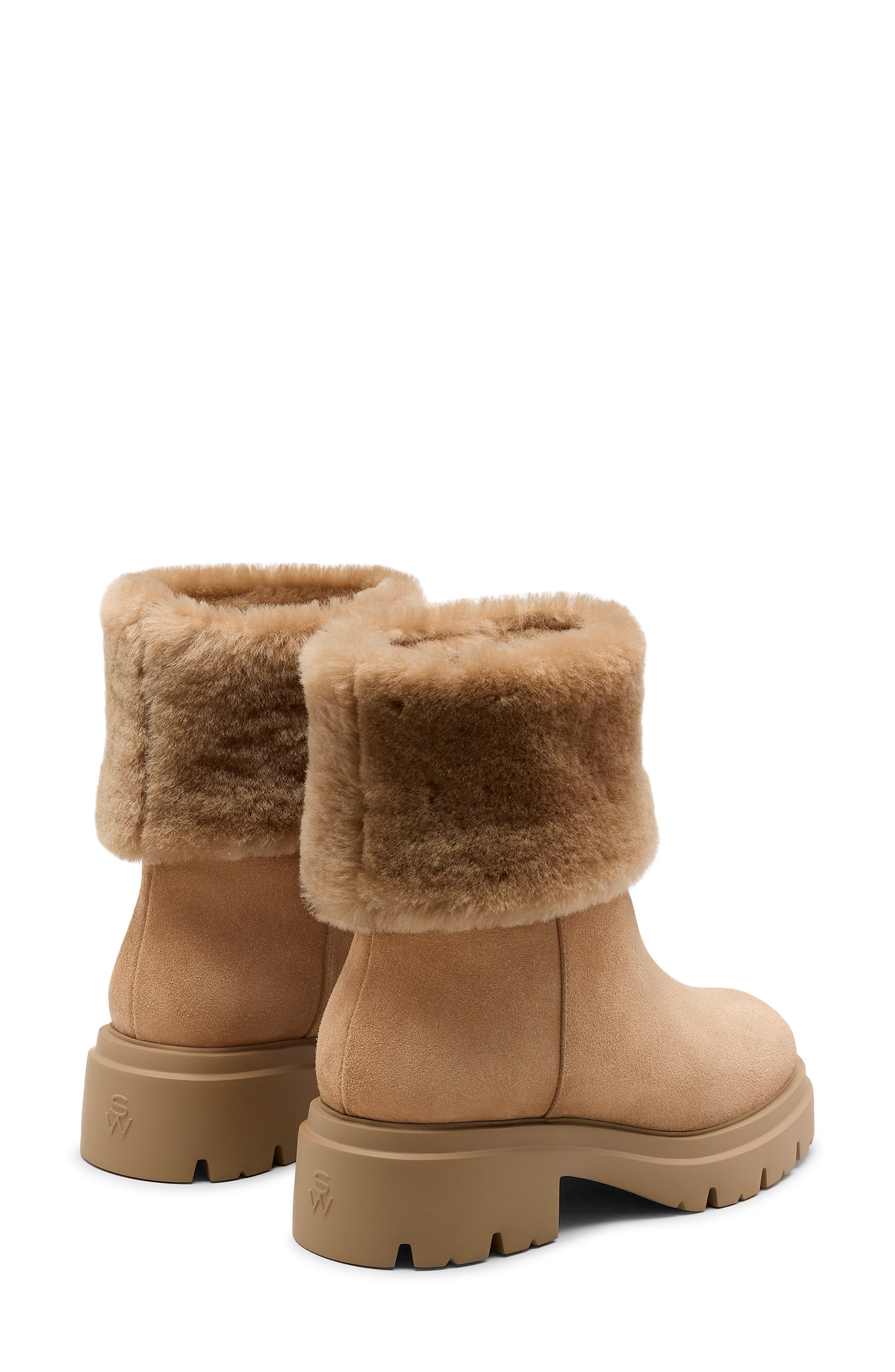 Stuart Weitzman Hudson Genuine Shearling Cuff Bootie, Alternate, color, New Camel