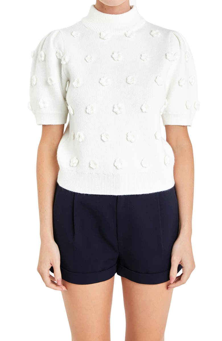 English Factory Flower Pompom Short Sleeve Sweater, Alternate, color, White