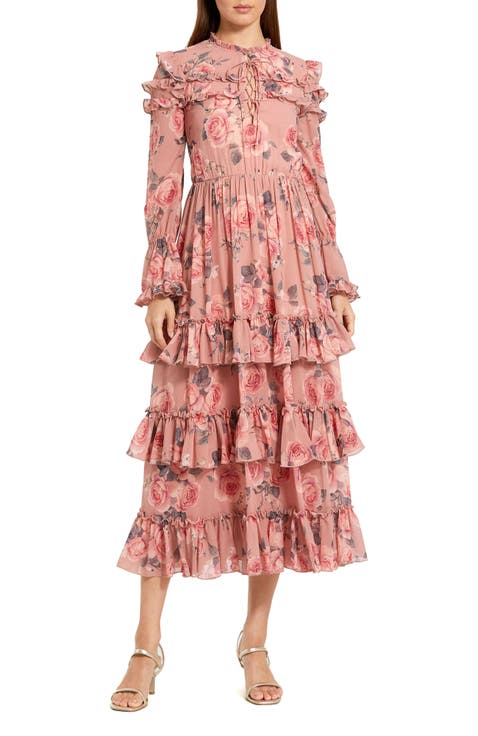 Printed Long Sleeve Lace Up Front Tiered Ruffle Dress