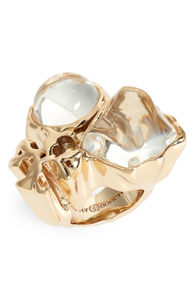 Tory Burch Kira Crystal Statement Ring, Main, color, Brass / Clear