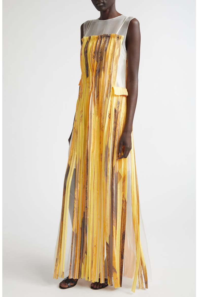 Sleeveless Silk Stripe Gown with Sulphur Bank Artwork by Robert Rauschenberg, Alternate, color, YELLOW MULTI