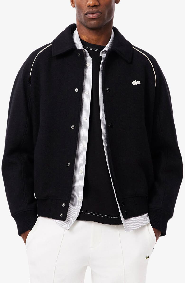 Lacoste Logo Appliqué Wool Blend Varsity Jacket, Main, color, Black