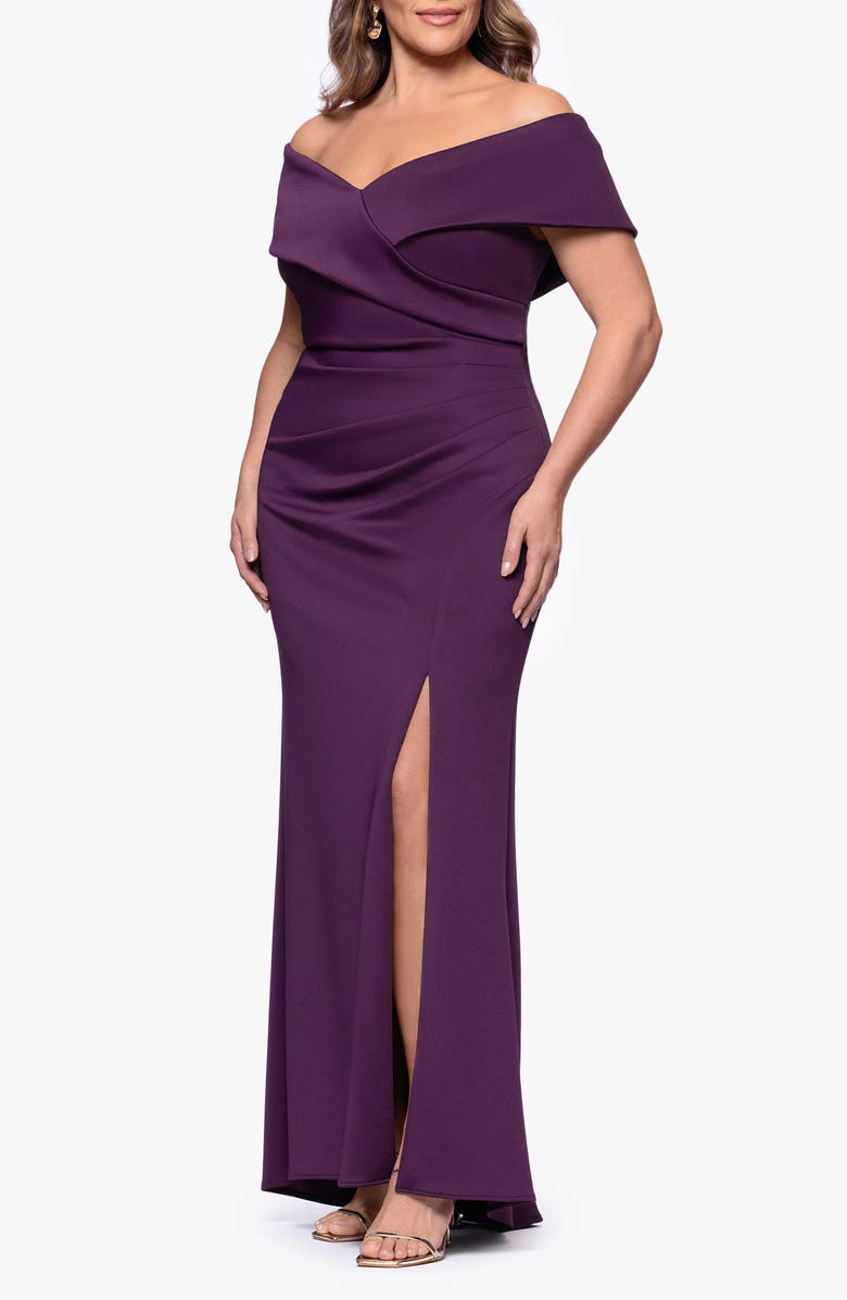 Xscape Evenings Off the Shoulder Scuba Knit Gown, Alternate, color, Plum