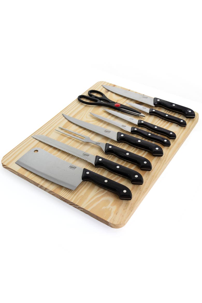 10 Piece Cutlery Set with Wooden Cutting Board, Alternate, color, Black