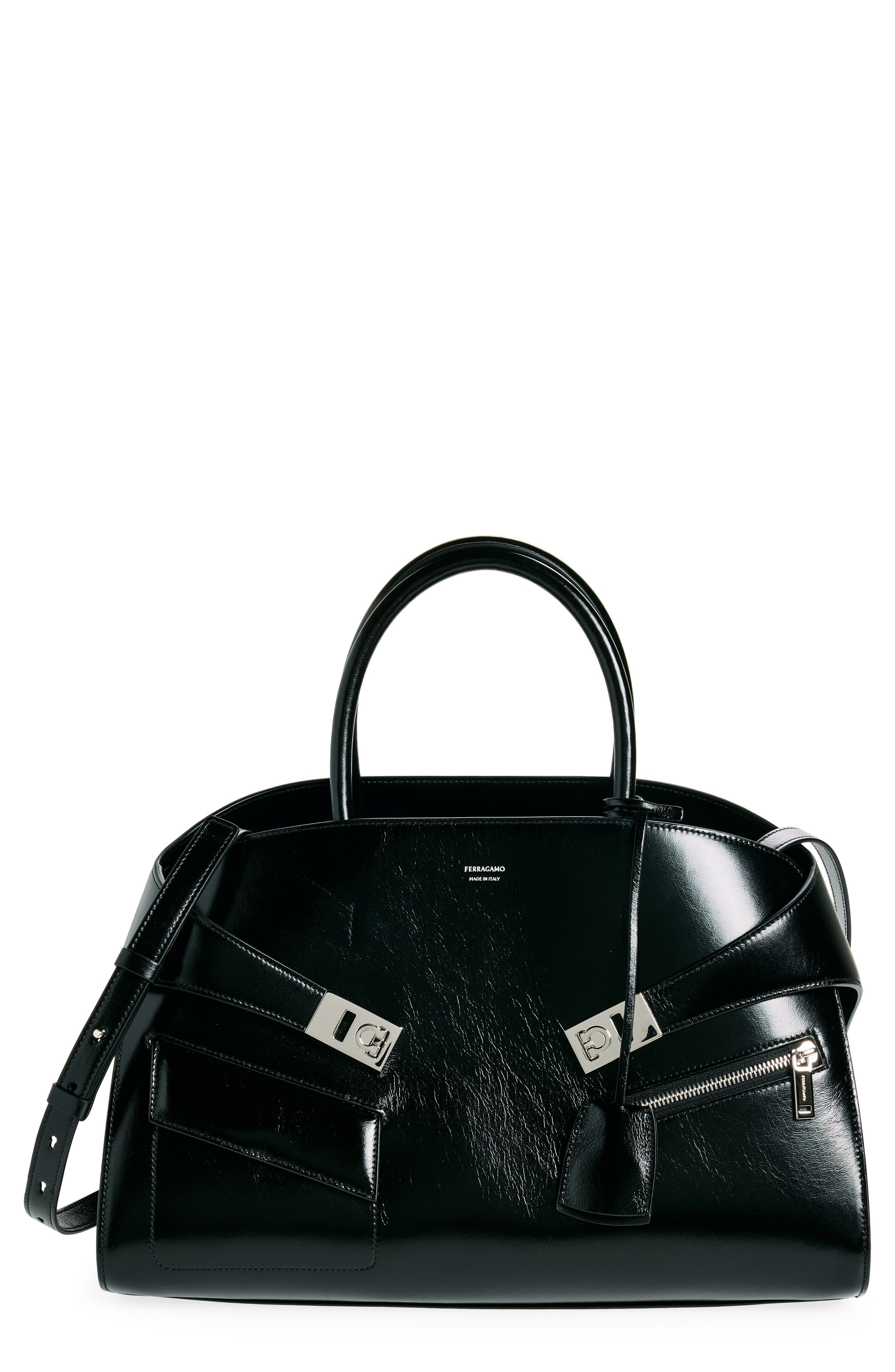 FERRAGAMO Medium Hug Zip Pocket Satchel Bag, Main, color, Nero