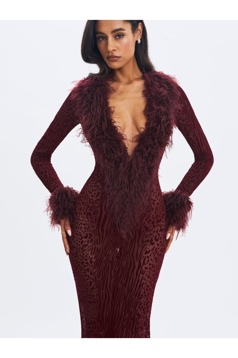 Luana Plunging Fur Trimmed Crochet Maxi Dress, Alternate, color, Burgundy