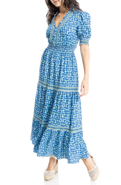 Max Studio Floral Short Sleeve Tiered Maxi Dress In Blue/cream Poppies Field
