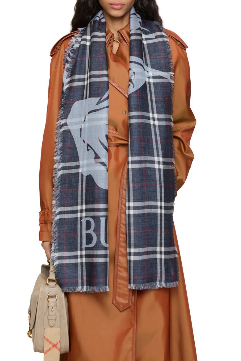 Wide EKD Check Wool & Silk Fringe Scarf, Main, color, INK BLUE