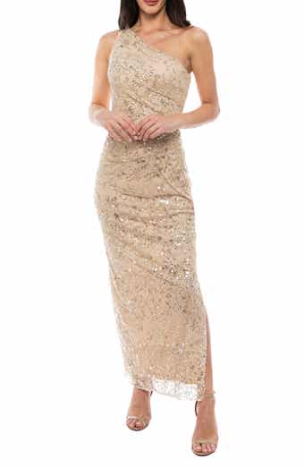 Oleg Cassini Sequin Branch One-Shoulder Dress