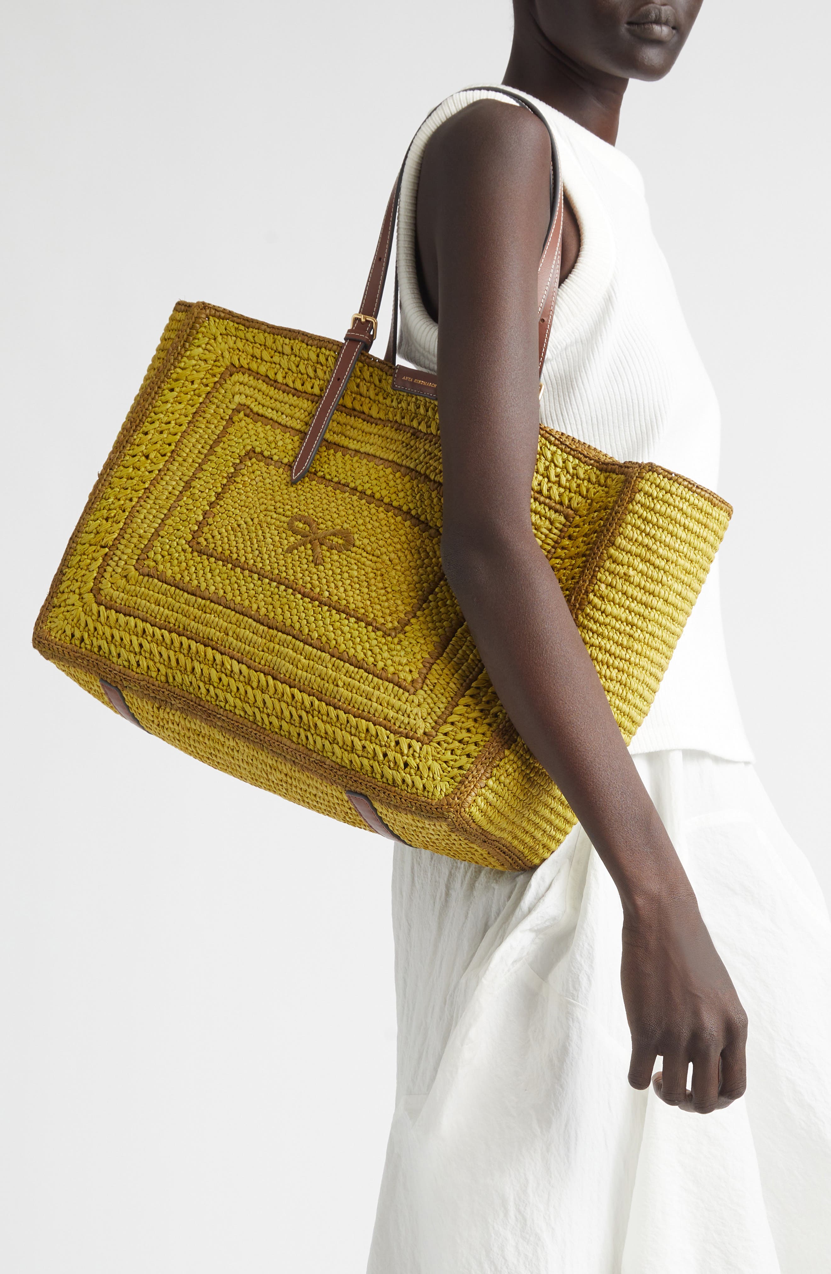Anya Hindmarch East West Bow Raffia Tote, Alternate, color, Caper