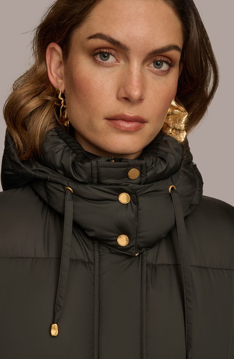 Donna Karan New York Hooded Ribbed Trim Puffer Jacket, Alternate, color, Black