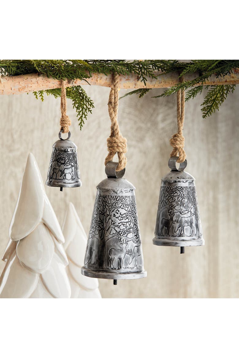 Forest Etched Bell - Antique Silver Holiday Decorative Sculpture, Alternate, color, Silver