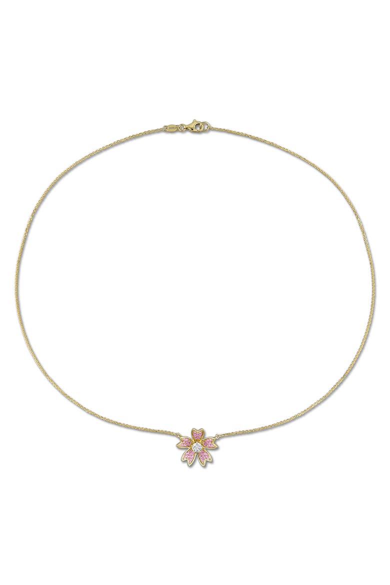 Lab Grown Diamond & Pink Sapphire Flower Necklace, Alternate, color, Yellow Gold