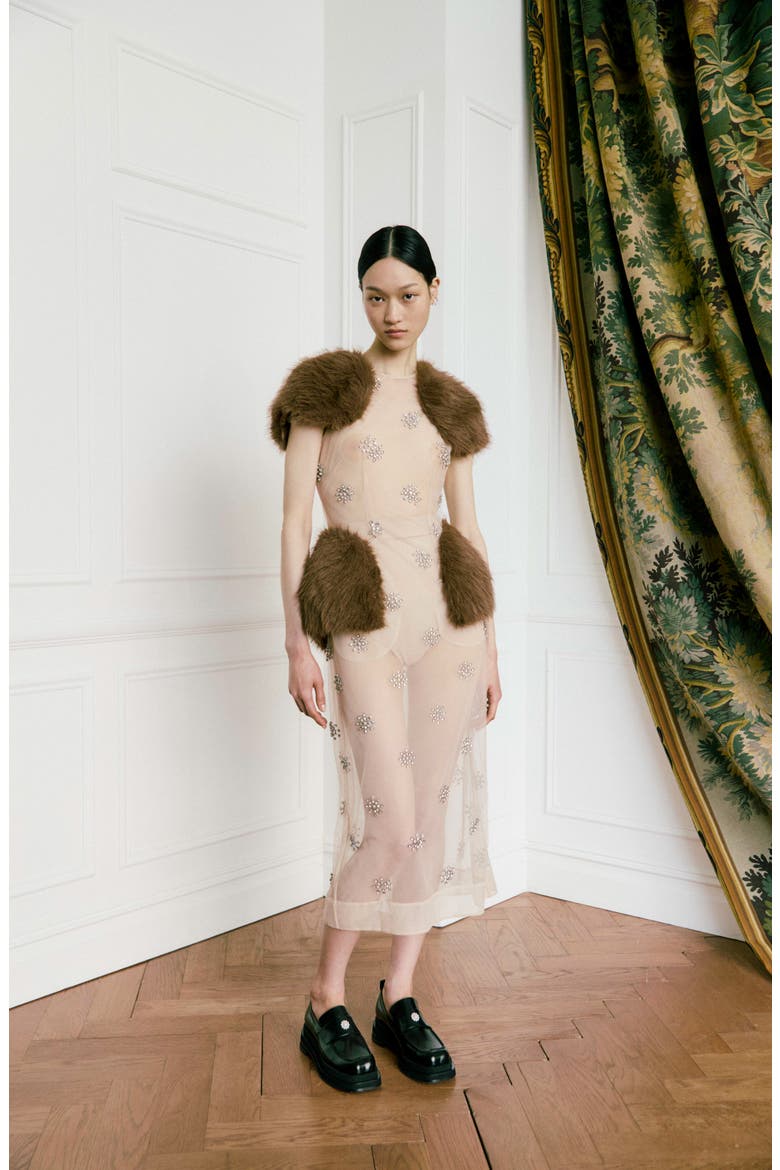 Embellished Faux Fur Panel Sheer Midi Dress, Alternate, color, SHEER IVORY/ DIAMANTE/ BROWN
