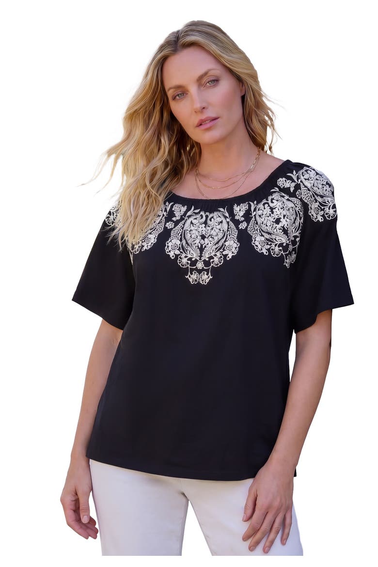 Ruffle Printed Tunic, Alternate, color, BLACK IVORY PAISLEY