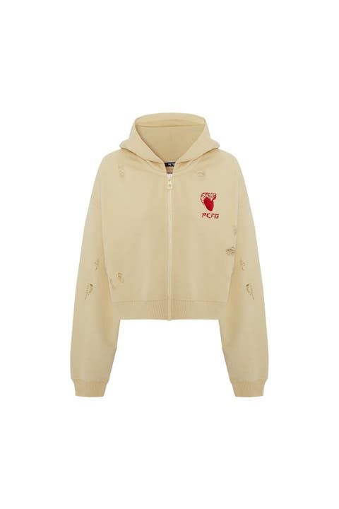 Cotton Destroyed Zip Up Hoodie