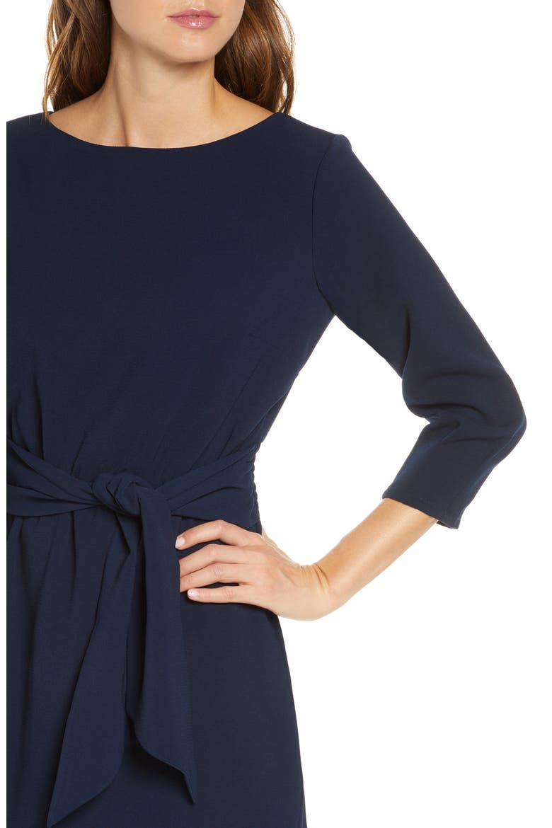 Tie Waist Crepe Sheath Dress, Alternate, color, NAVY
