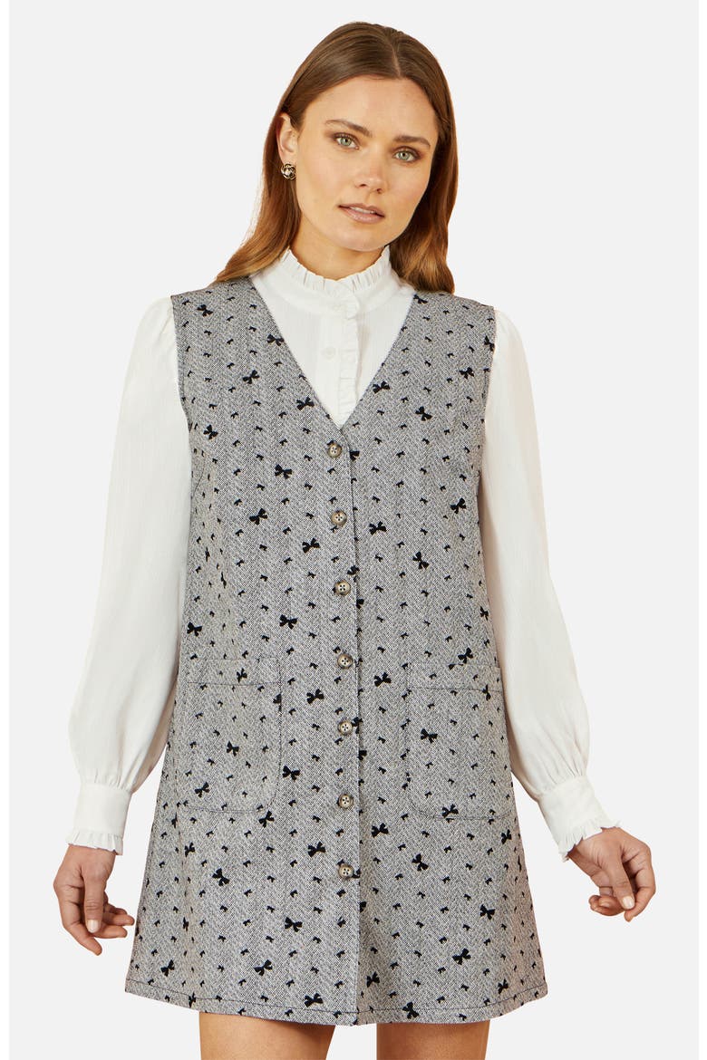 Bow Print Button Up Pinafore Dress, Alternate, color, Grey